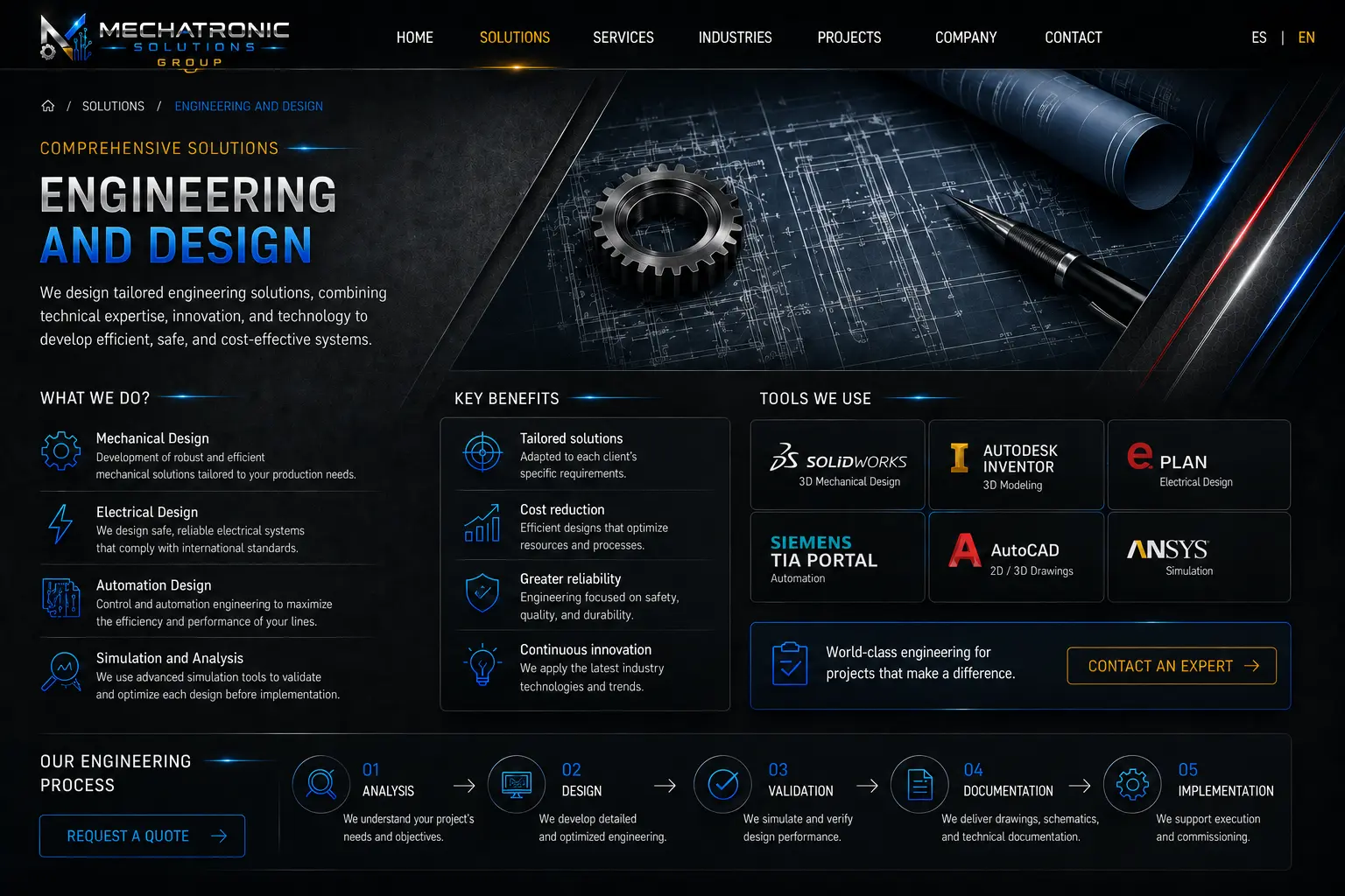 Diseño aprobado de la página Ingeniería y Diseño de Mechatronic Solutions Group