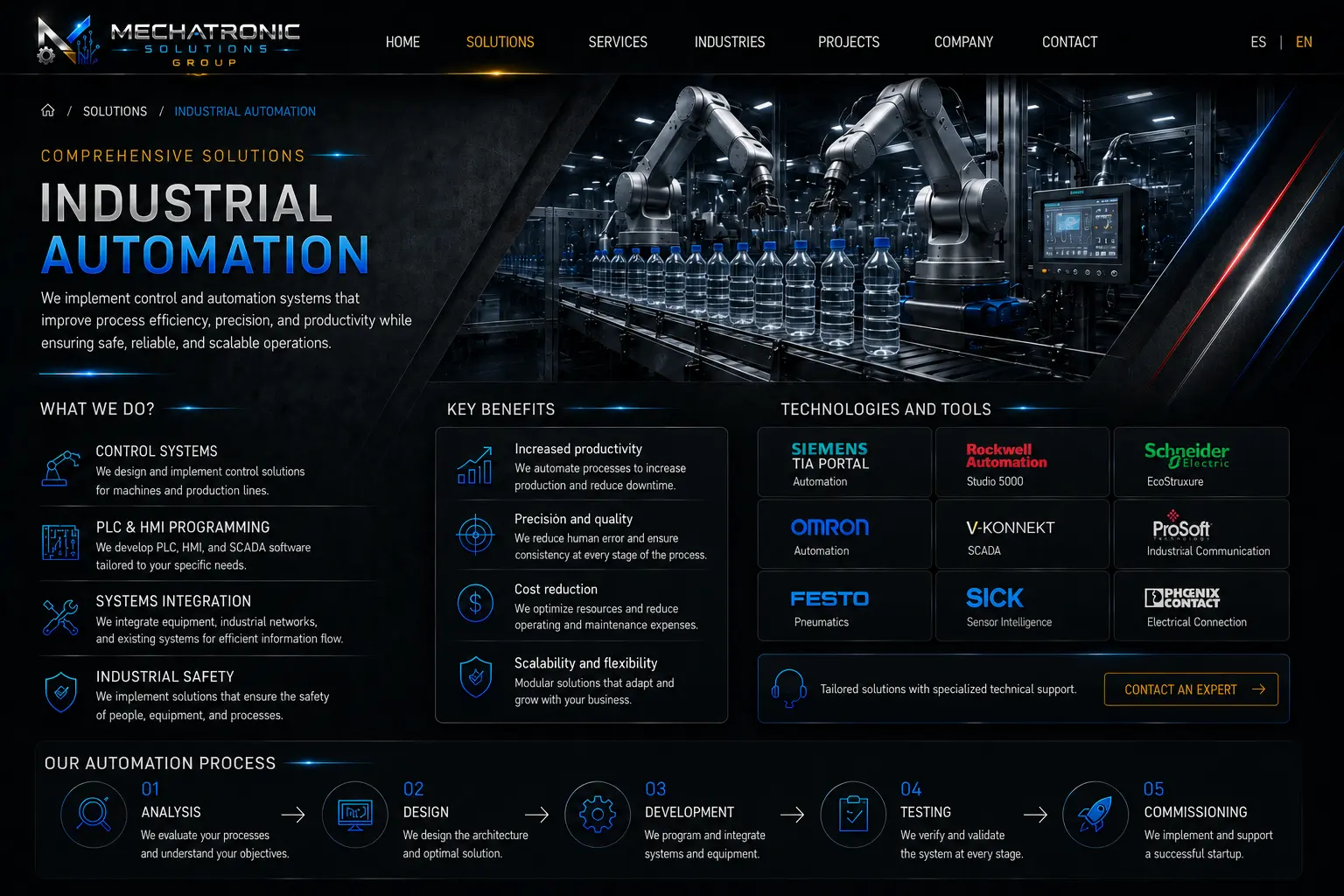 Diseño aprobado de la página Automatización Industrial de Mechatronic Solutions Group