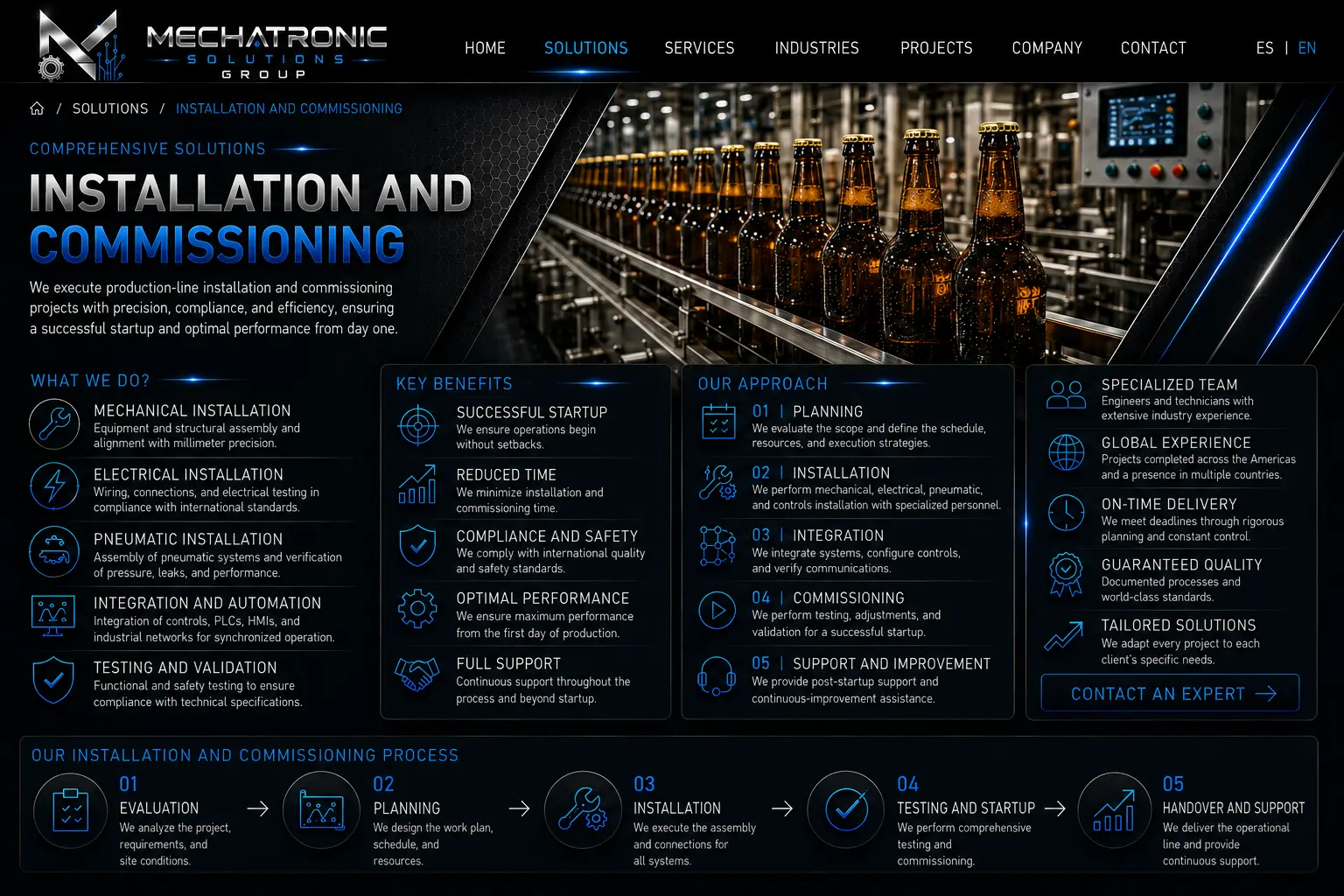Diseño aprobado de la página Instalación y Puesta en Marcha de Mechatronic Solutions Group