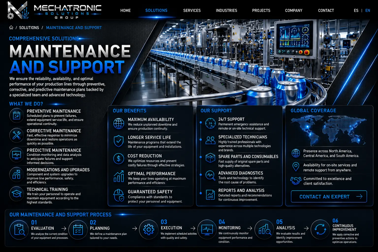 Diseño aprobado de la página Mantenimiento y Soporte de Mechatronic Solutions Group
