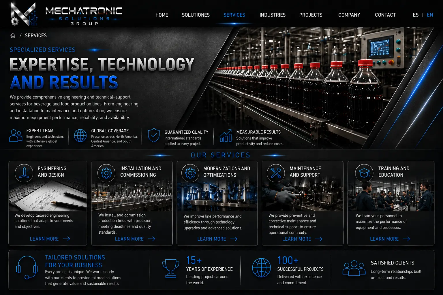Diseño aprobado de la página Servicios especializados de Mechatronic Solutions Group
