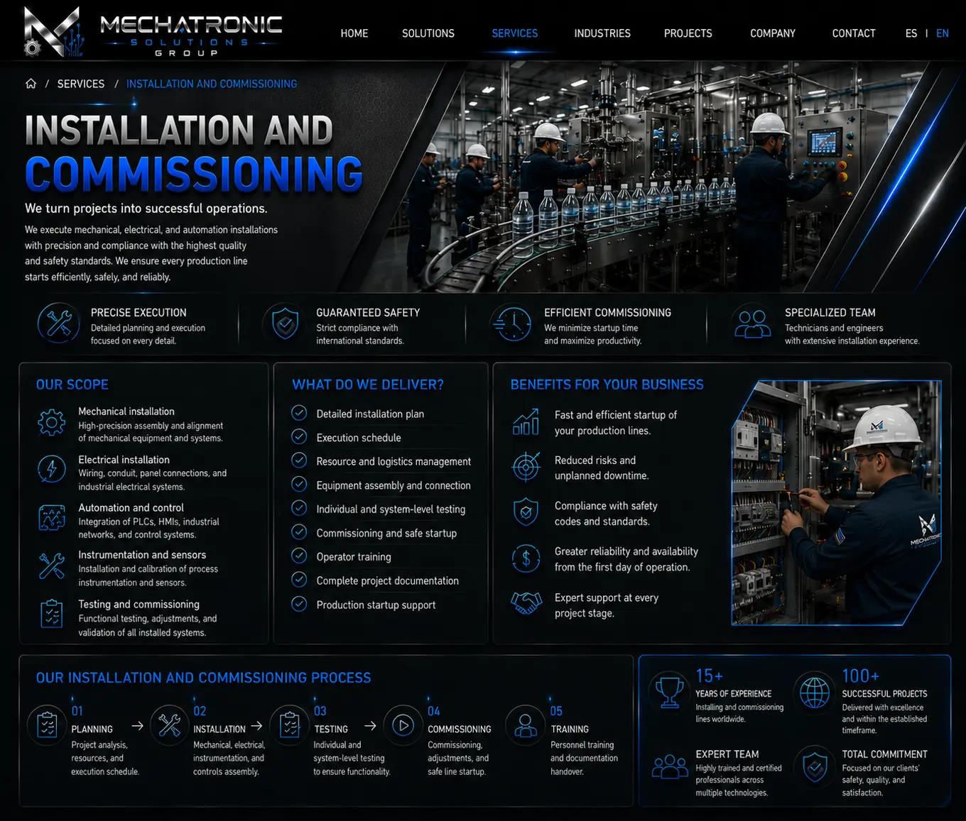 Diseño aprobado de la página Instalación y Puesta en Marcha de Mechatronic Solutions Group
