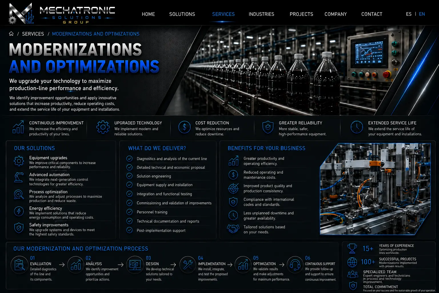 Diseño aprobado de la página Modernizaciones y Optimizaciones de Mechatronic Solutions Group