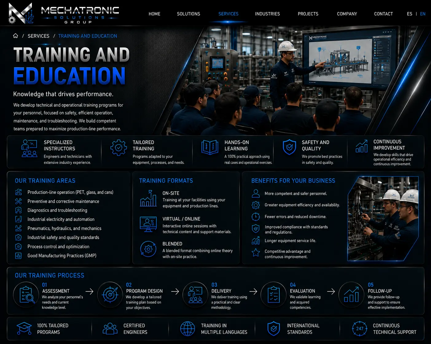 Diseño aprobado de la página Capacitación y Entrenamiento de Mechatronic Solutions Group