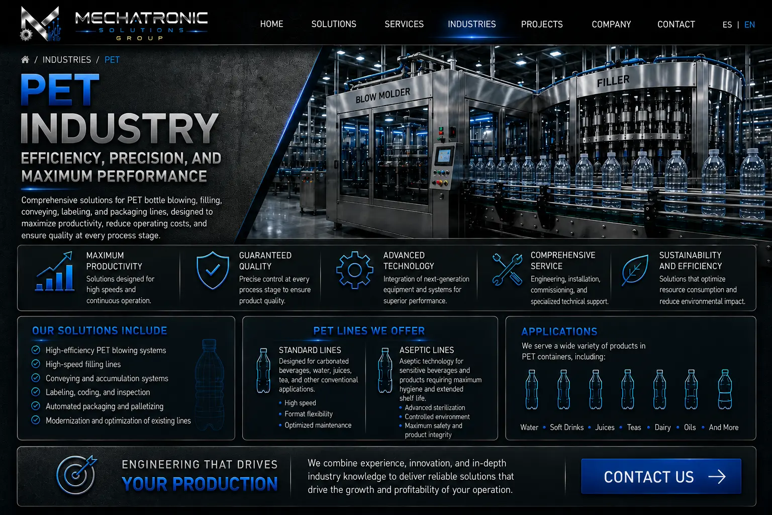 Diseño aprobado de la página Industria PET de Mechatronic Solutions Group
