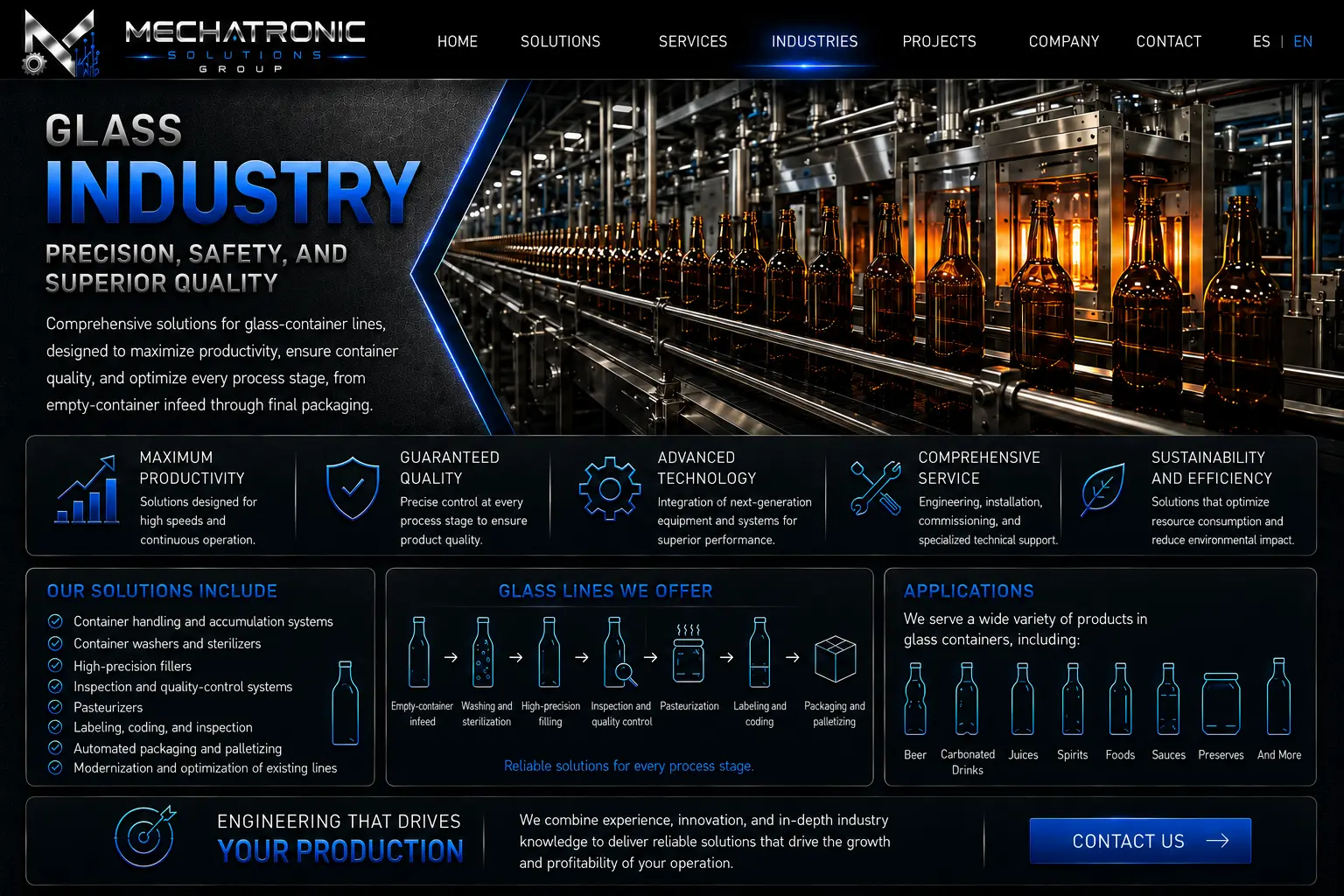Diseño aprobado de la página Industria Vidrio de Mechatronic Solutions Group