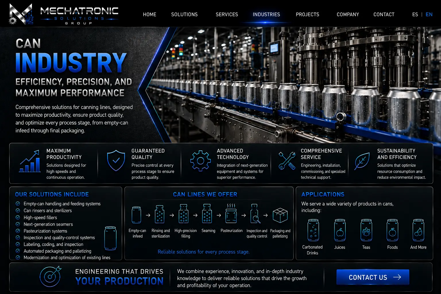 Diseño aprobado de la página Industria Lata de Mechatronic Solutions Group