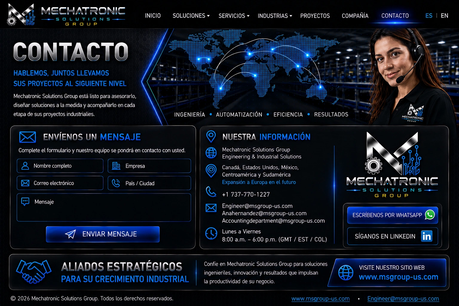 Diseño aprobado de la página Contacto de Mechatronic Solutions Group