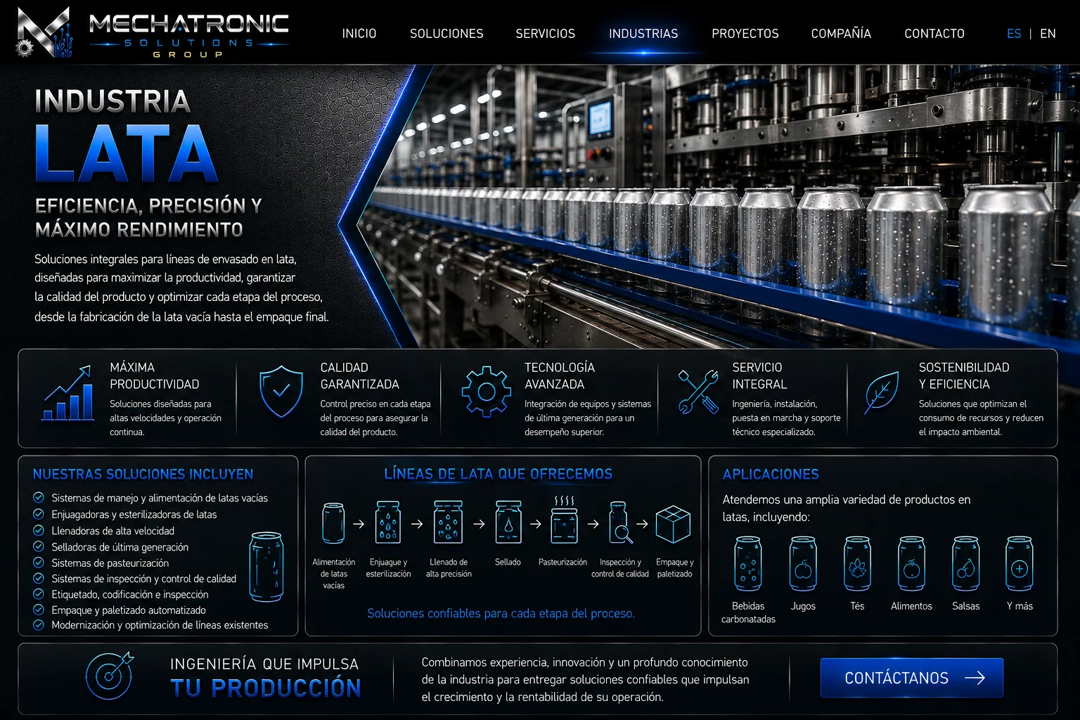 Diseño aprobado de la página Industria Lata de Mechatronic Solutions Group