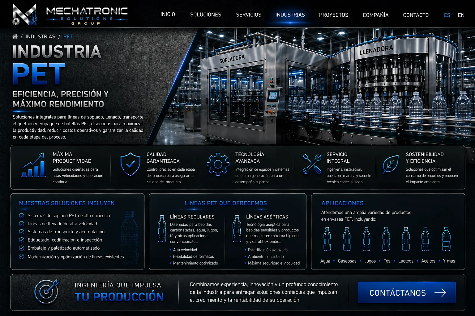 Diseño aprobado de la página Industria PET de Mechatronic Solutions Group
