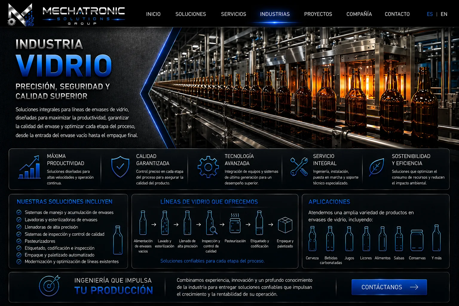 Diseño aprobado de la página Industria Vidrio de Mechatronic Solutions Group