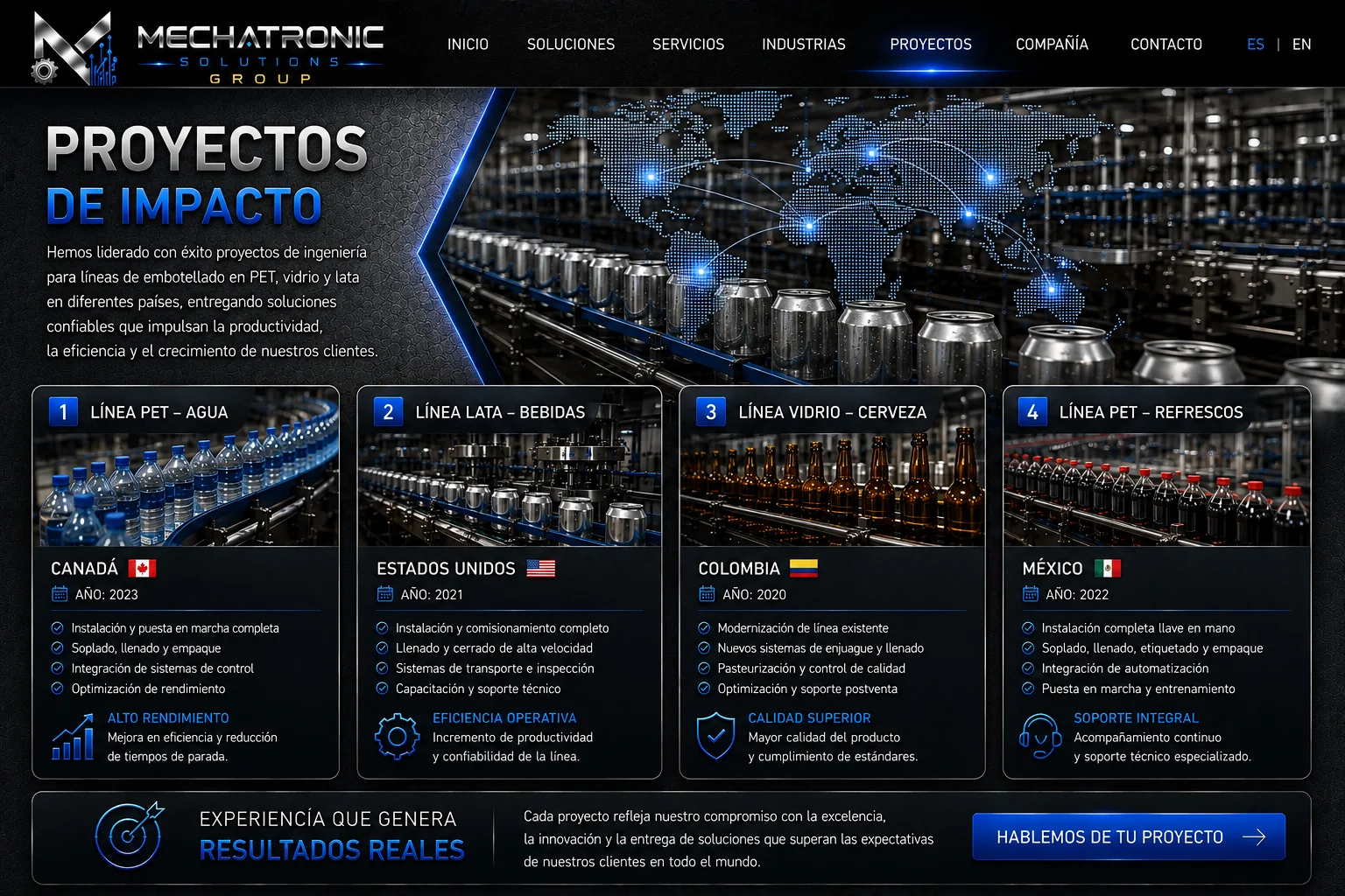 Diseño aprobado de la página Proyectos de Impacto de Mechatronic Solutions Group