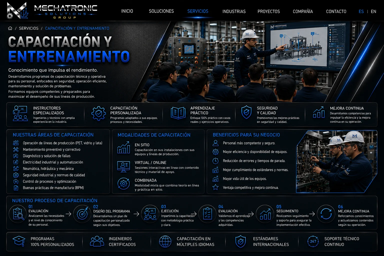 Diseño aprobado de la página Capacitación y Entrenamiento de Mechatronic Solutions Group