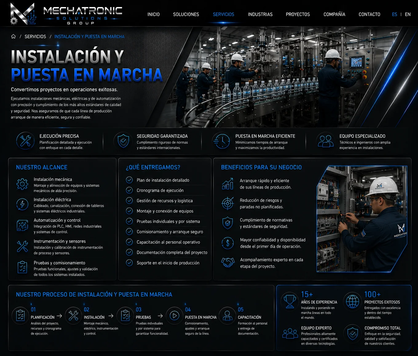 Diseño aprobado de la página Instalación y Puesta en Marcha de Mechatronic Solutions Group