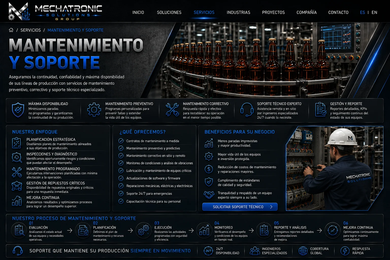 Diseño aprobado de la página Mantenimiento y Soporte de Mechatronic Solutions Group