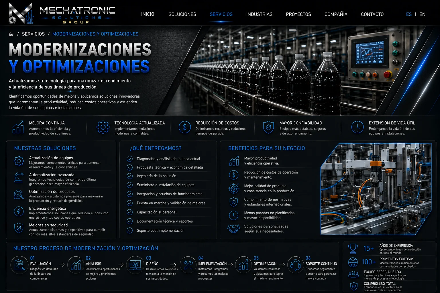 Diseño aprobado de la página Modernizaciones y Optimizaciones de Mechatronic Solutions Group