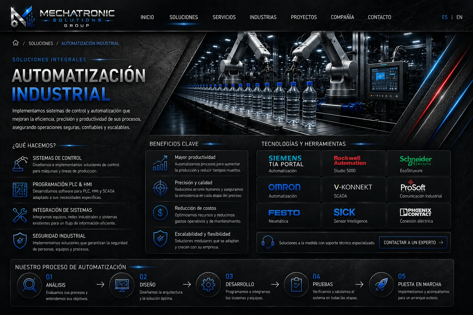 Diseño aprobado de la página Automatización Industrial de Mechatronic Solutions Group