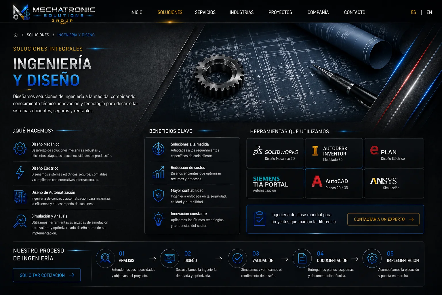 Diseño aprobado de la página Ingeniería y Diseño de Mechatronic Solutions Group