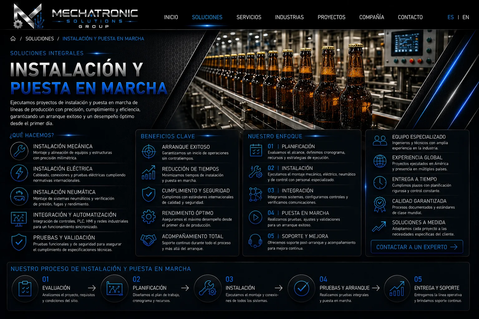 Diseño aprobado de la página Instalación y Puesta en Marcha de Mechatronic Solutions Group