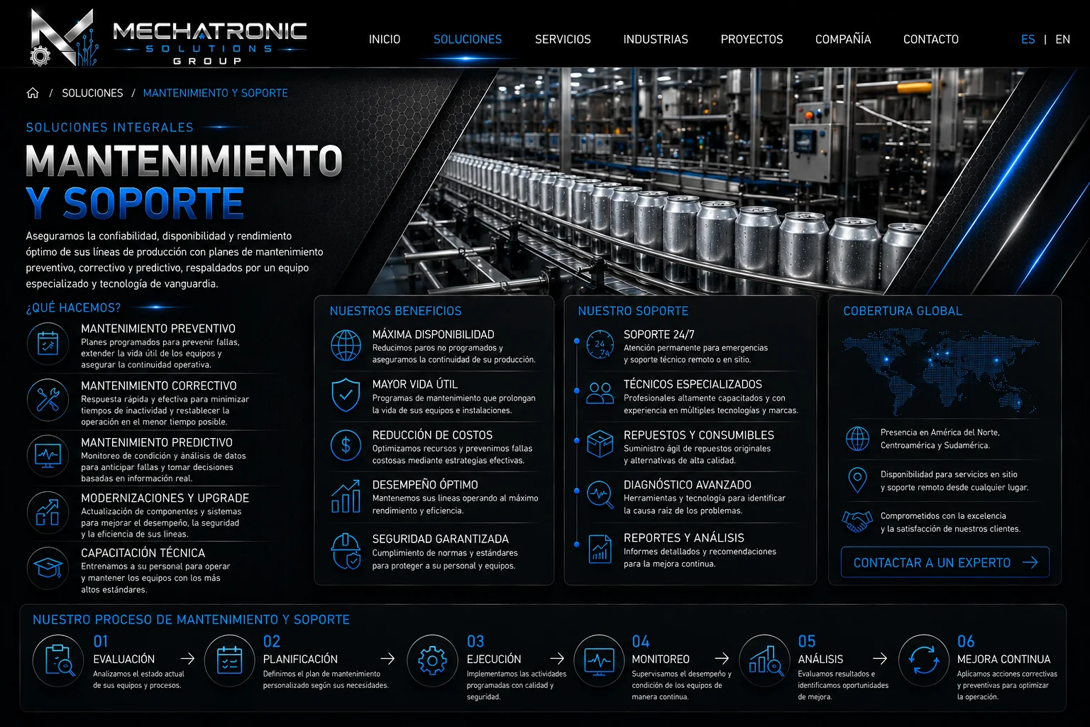 Diseño aprobado de la página Mantenimiento y Soporte de Mechatronic Solutions Group